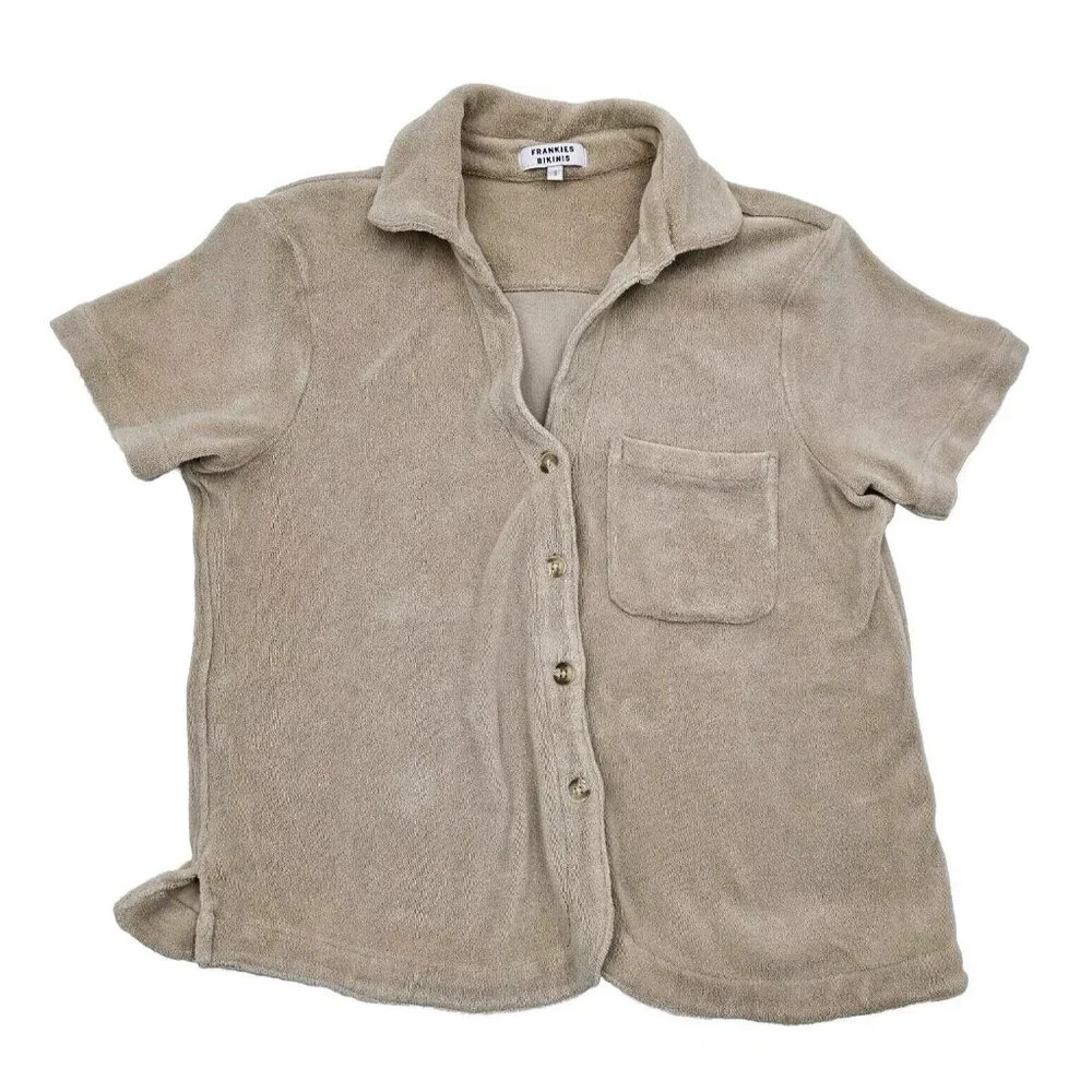 Frankies Bikinis Coco Terry Cloth Front Pocket Shirt In Sand Brown Women's Small